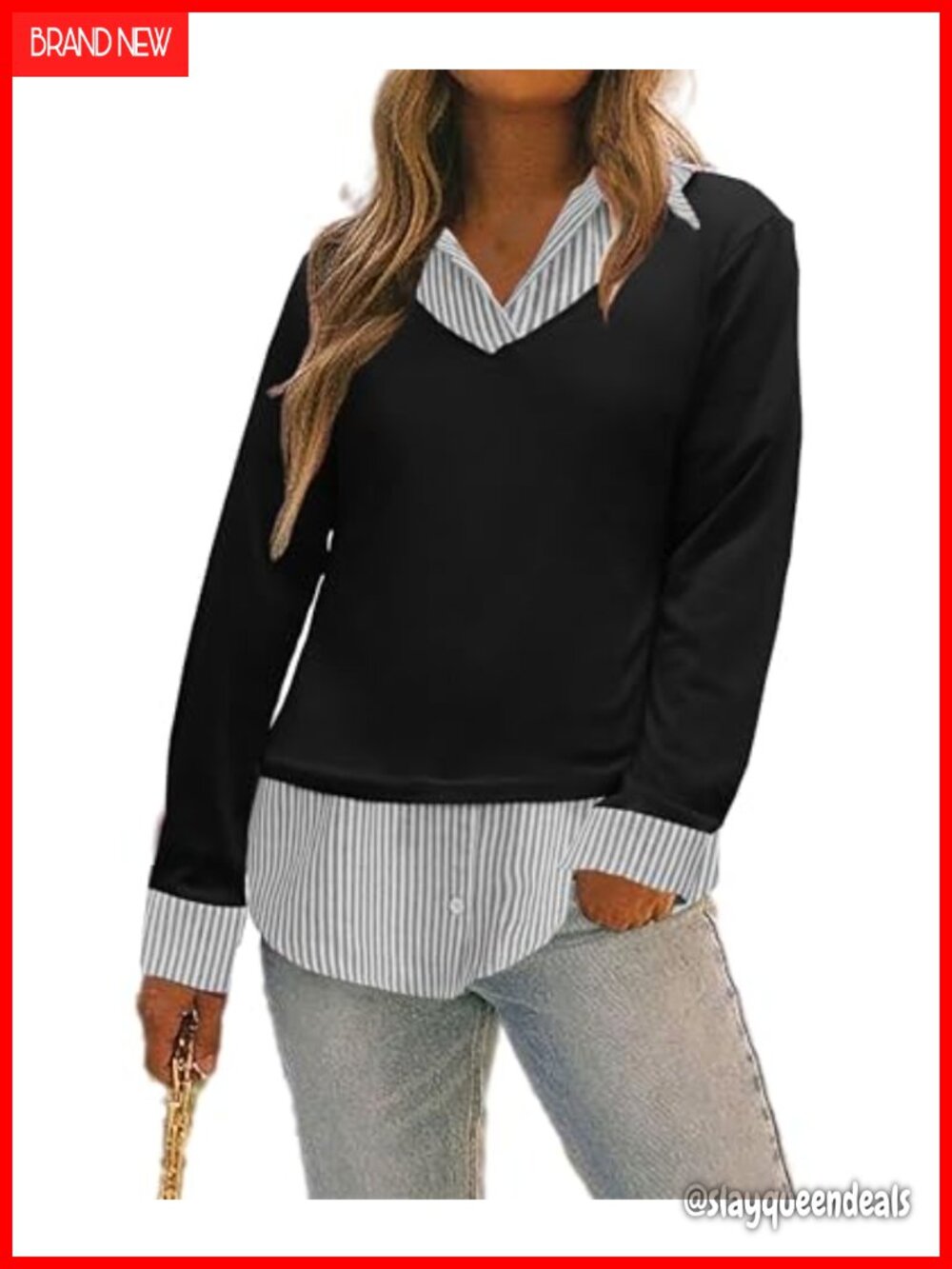 Women's Collared 2-in-1 Pullover Top Cotton Blend Fitted Blouse